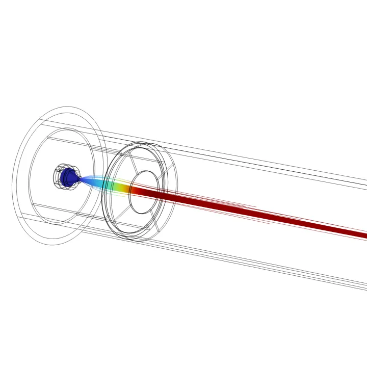 COMSOL simulation of the ALOHA-0 electron source: the electrodes in thin grey lines on white, and the electron beam leaving the cathode, coloured from blue to red as it crosses the anode.
