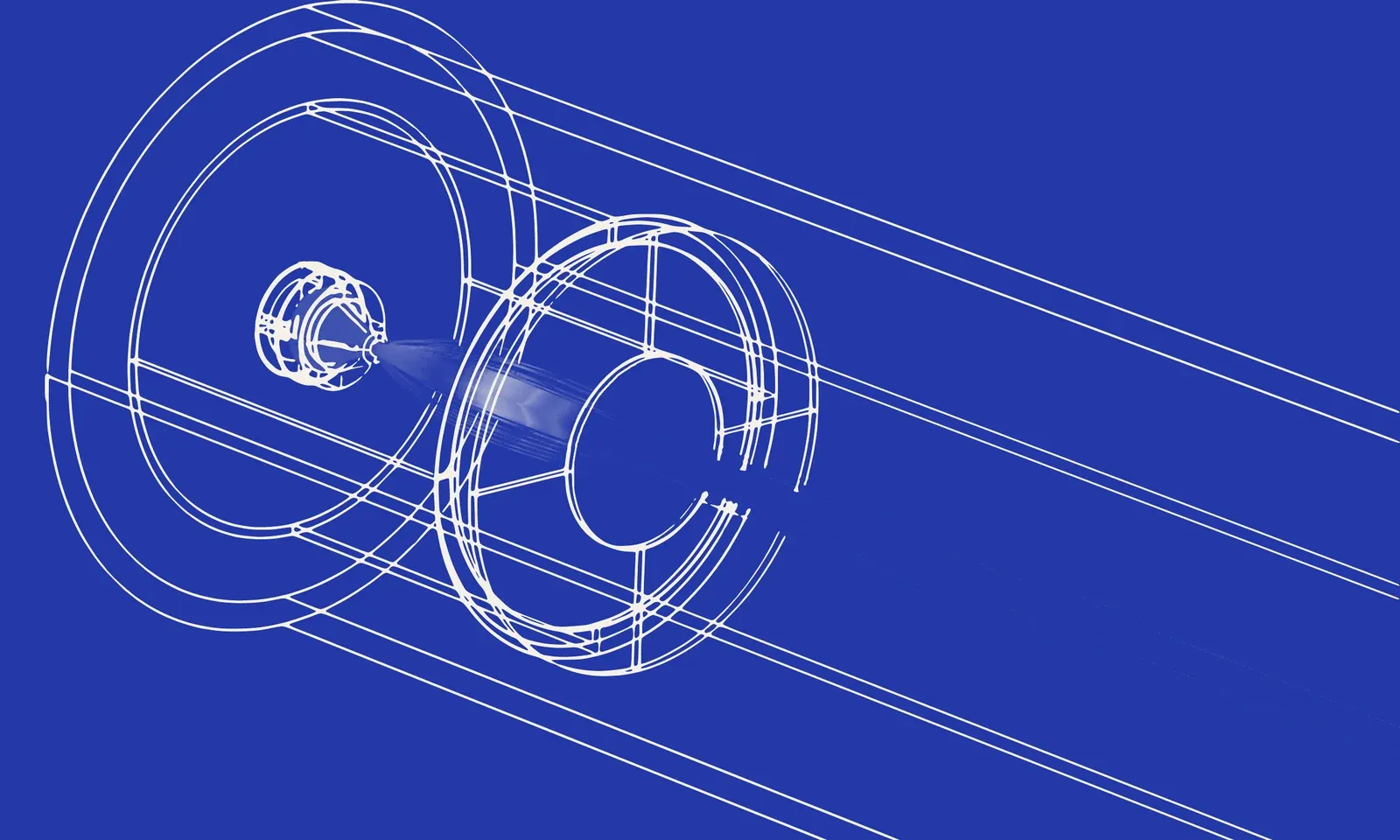 COMSOL simulation of the ALOHA-0 electron source: the electrodes as a white wireframe and the electron beam leaving the cathode, pale at low energy and vermilion once accelerated.